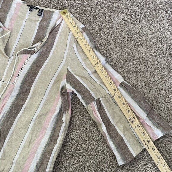 Ellen Tracy 100% Linen Tunic Large Striped Tan Pink White Tassel Lagenlook - Picture 6 of 8